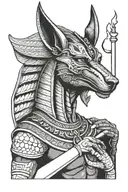 anubis with scales in his hand and a cigarette in his right tattoo design idea