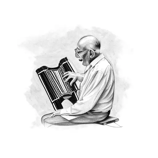old Italian man wearing old man cap sitting playing piano accordion tattoo design idea