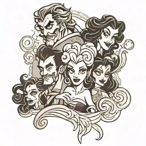Disney villains, beach waves, family tattoo design idea
