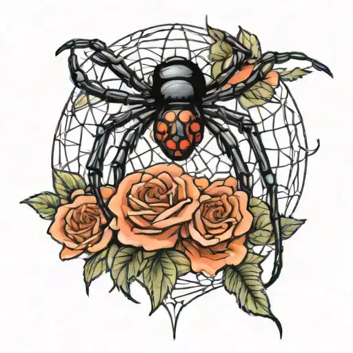 a black widow spider hanging from a web with roses tattoo design idea