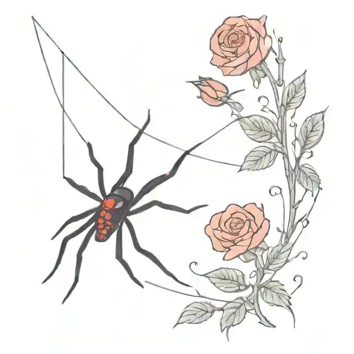 a black widow hanging down from a web with roses growing tattoo design idea