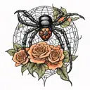 a black widow spider hanging from a web with roses tattoo design idea