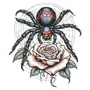 a black widow spider hanging from a web with roses tattoo design idea