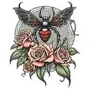 a black widow spider hanging from a web with roses tattoo design idea