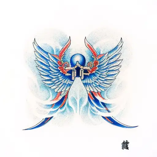 Burning Blue angel wings tattoo design idea