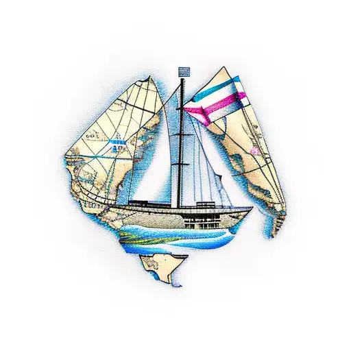 A yacht sailing on a map made of dental tools tattoo design idea