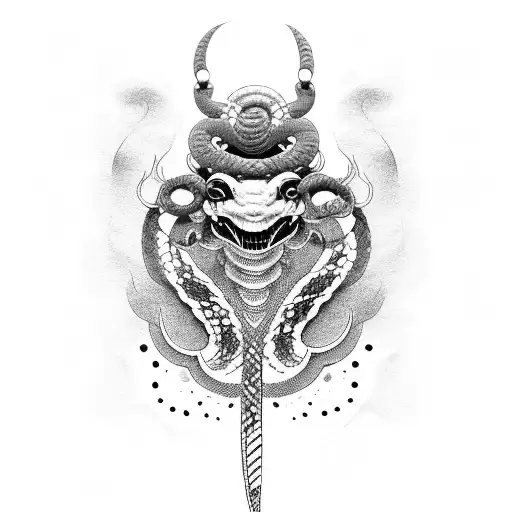 BLACK AND WHITE WITH SOME RED, JAPANESE WAVES WITH SNAKE SCALES AND ONI MASK tattoo design idea