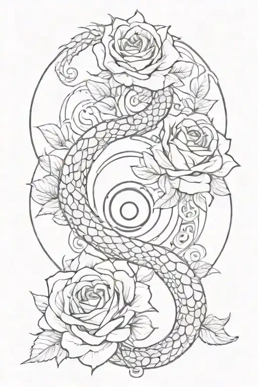 Roses, yin and yang, snake, eyes surrounded tattoo design idea
