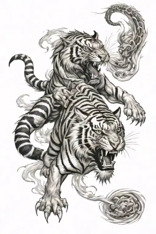 one aggressive dragon and   one aggressive tiger  fighting each other tattoo design idea