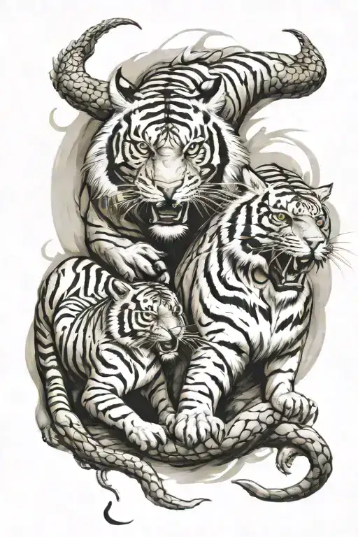 one aggressive dragon and   one aggressive tiger  fighting each other, but animals are separated tattoo design idea