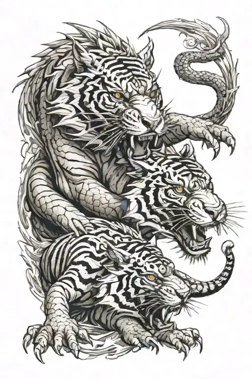 aggressive dragon and  aggressive tiger  fighting each other tattoo design idea
