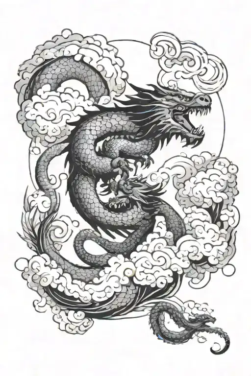 dragon above and tiger below fighting each other in the background eastern clouds both are aggressive tattoo design idea