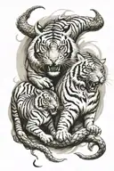 one aggressive dragon and   one aggressive tiger  fighting each other, but animals are separated tattoo design idea