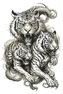 one aggressive dragon and   one aggressive tiger  fighting each other, but animals are separated tattoo design idea