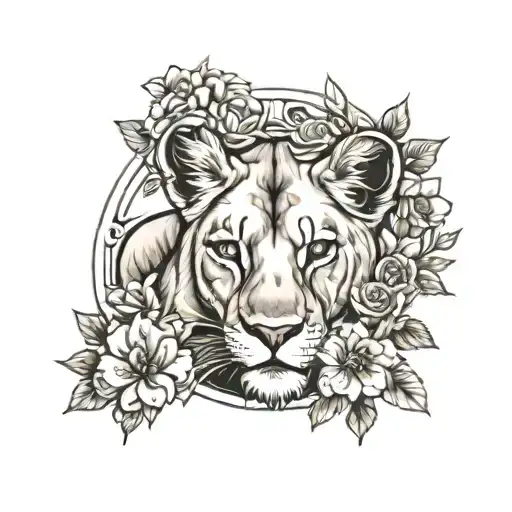 Lioness protecting 2 cubs around flowers tattoo design idea