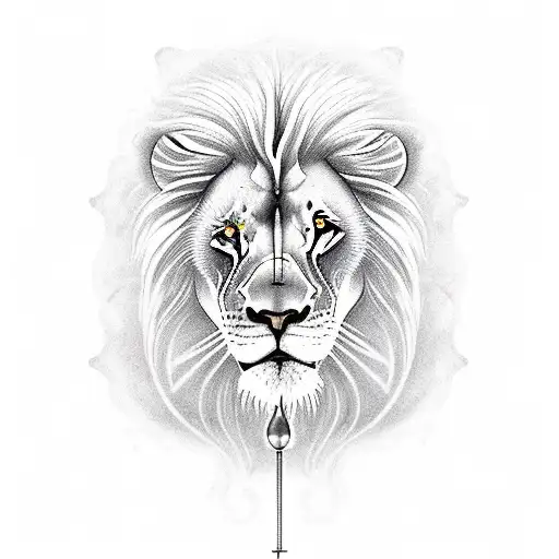 A lion fishing in a surreal underwater world filled with musical notes tattoo design idea