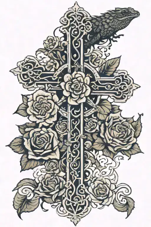 irish cross, irish roses black thorn lizards  tattoo design idea