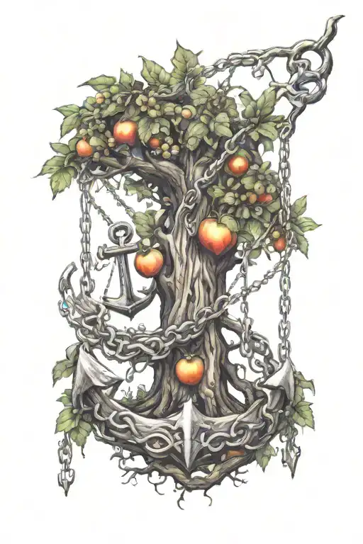 A tree with fruits and an anchor with chains leaning against the tree. tattoo design idea
