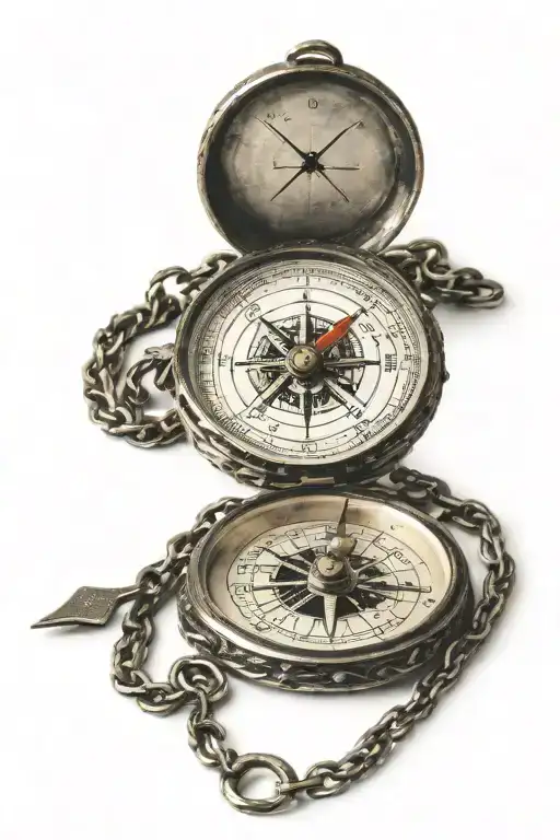 antique pocket compass on a chain pointing north and the pointer extends turning into a long arrow tattoo design idea
