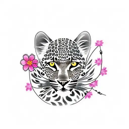 A tattoo of a leopard with waves and cherry blossom petals surrounding it tattoo design idea