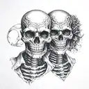 Skeletons, wearing theatre mask, one happy, one sad  tattoo design idea