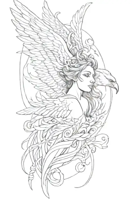 angel phoenix greek face hands birds tattoo design idea