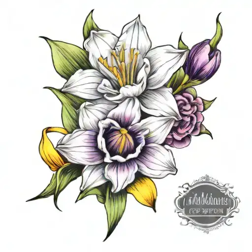 make a bouquet tattoo of Daffodil, carnation, Chrysanthemum, gladiolus, and purple water Lilly  tattoo design idea