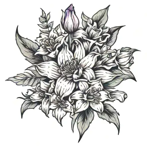 make a bouquet tattoo of Daffodil, carnation, Chrysanthemum, gladiolus, and purple water Lilly  tattoo design idea