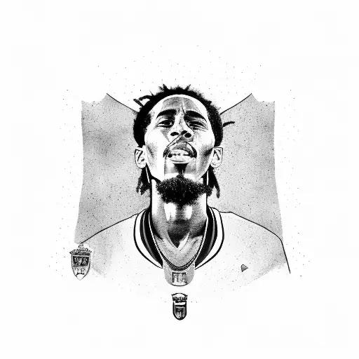 A dynamic black-grey portrait of a famous Santos Futebol Clube player with Bob Marley lyrics incorporated tattoo design idea