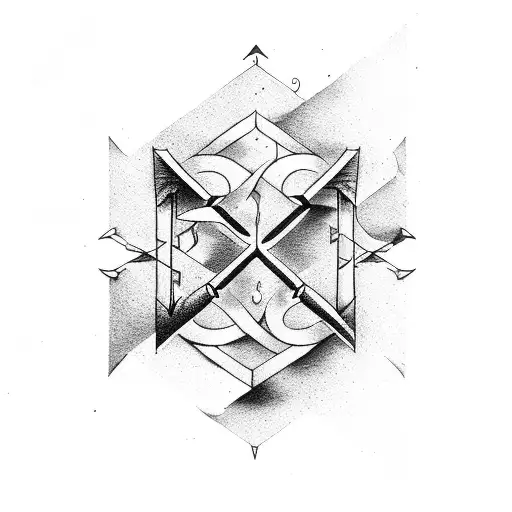 two arrows crossed with four letters between tattoo design idea