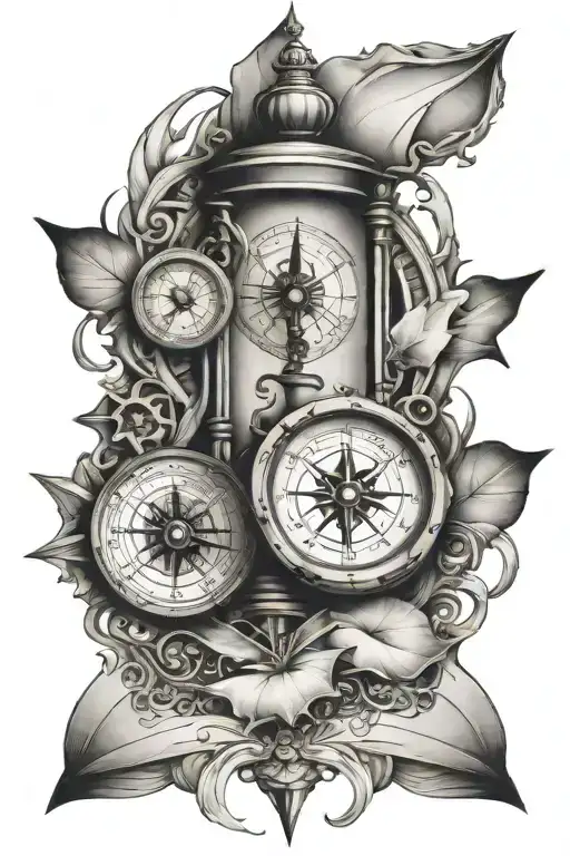 sand clock and compass design tattoo design idea