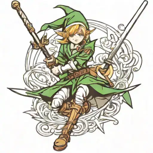 elf with rapier and blindfolded like in anime tattoo design idea