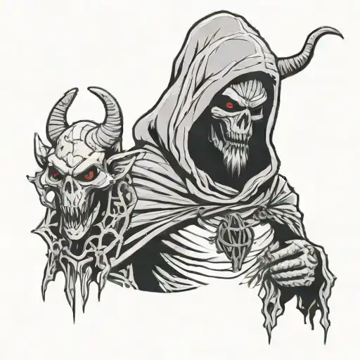 An hooded undead warlock from the waist up with an imp demon hanging over his shoulder tattoo design idea