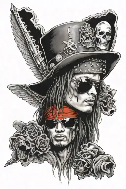 axl rose, guns n roses, slash hat surrounded tattoo design idea