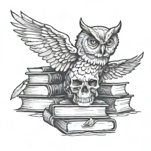 an aggressive owl with open wings that sits on top of a human skull which stands on top of books  tattoo design idea