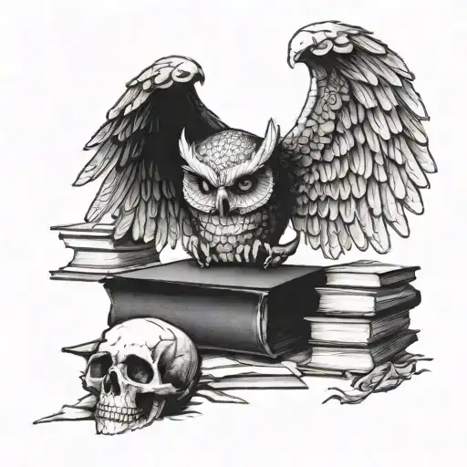 agressive owl on top of human skull, open wings, skull stands on books owl on the skull tattoo design idea