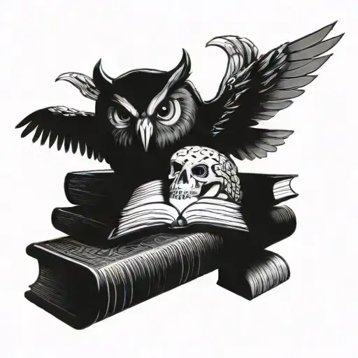 an aggressive owl with open wings that sits on top of a human skull which stands on top of books, wisdom defeats death tattoo design idea
