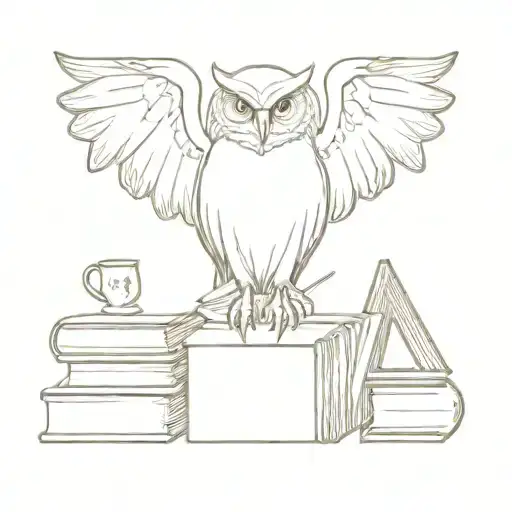 an aggressive owl with open wings that sits on top of a human skull which stands on top of books, wisdom defeats death tattoo design idea