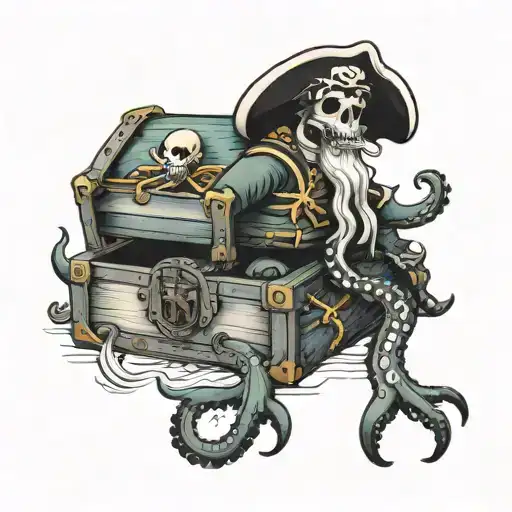 1. Underwater Octopus, pirate ship, treasure chest, oil lamp, a pirate with a sword, and bird fly.  tattoo design idea