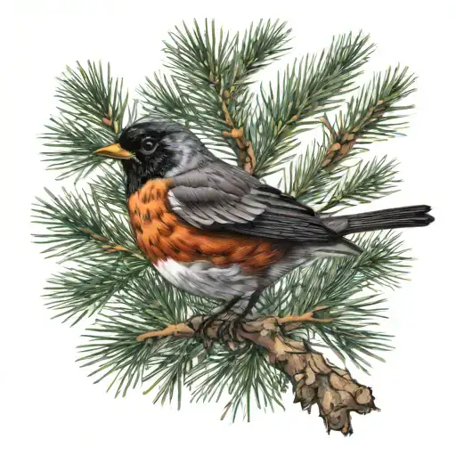 A realistic portrait of an American robin resting on a branch of a white pine tree, symbolizing the client's love for Michigan's wildlife and nature tattoo design idea
