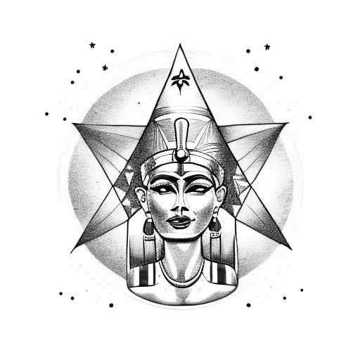 Nefertiti as a celestial goddess with stars and pyramids in the background tattoo design idea
