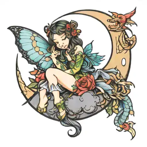 waxing gibbous moon with fairy and dragon tattoo design idea
