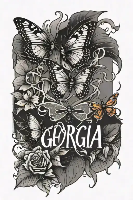 butterflies and lightning bolts with the name Georgia in the middle tattoo design idea
