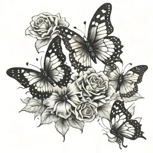 3 butterfly and 4 roses tattoo design idea
