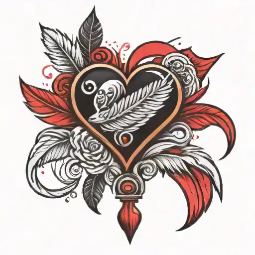 red feather pen and heart tattoo design idea