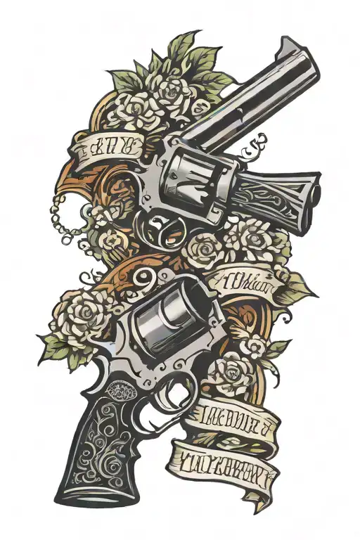 revolver with saying "I'm your huckleberry" on the barrel and with saying "say when on the grip tattoo design idea