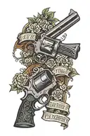 revolver with saying "I'm your huckleberry" on the barrel and with saying "say when on the grip tattoo design idea