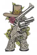 revolver with saying "I'm your huckleberry" on the barrel and with saying "say when on the grip tattoo design idea