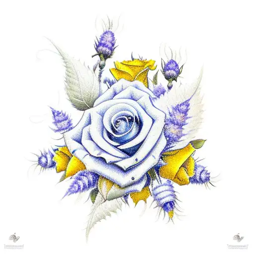 bouquet of yellow rose and bluebonnet and purple thistle  tattoo design idea