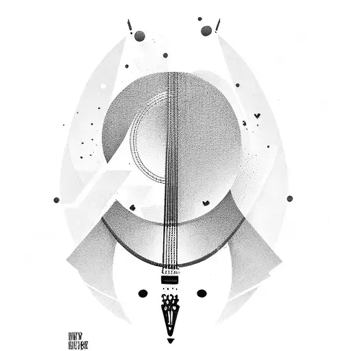 Guitar with piano instead of strings, a mic in the head of guitar and a sol key included tattoo design idea